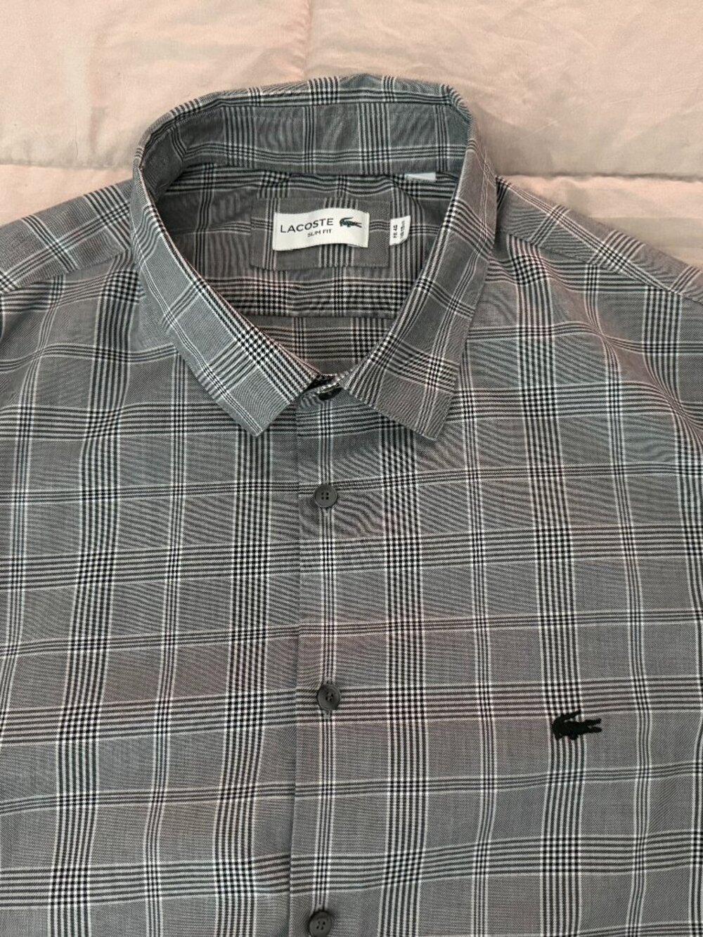 Lacoste Men's Slim Fit Plaid Long Sleeve Button Up Shirt Gray FR 46 US 18.5